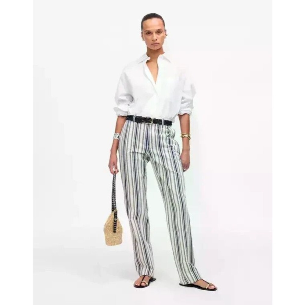 Madewell The Dean Easy Straight Pant Striped Cotton Linen Ivory Blue Women’s 26